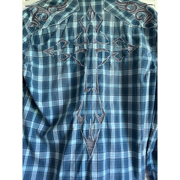 Austin Season Men's Medium Western Plaid Shirt With Embroidered Design Cowboy - Picture 7 of 7